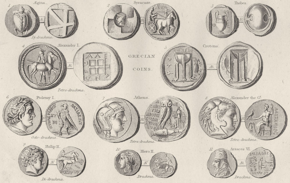 COINS. Coins; Grecian Coins 1880 old antique vintage print picture